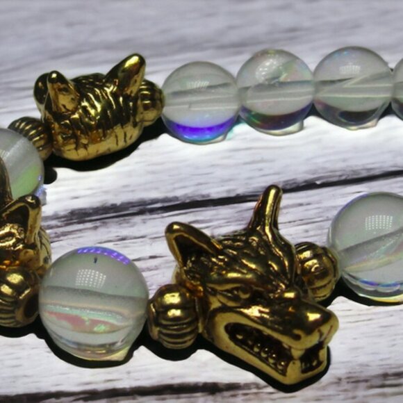 Cerberus Triple Wolf Bracelet With  Rainbow Crystal Beads.  Greek myth jewelry. - Picture 2 of 6
